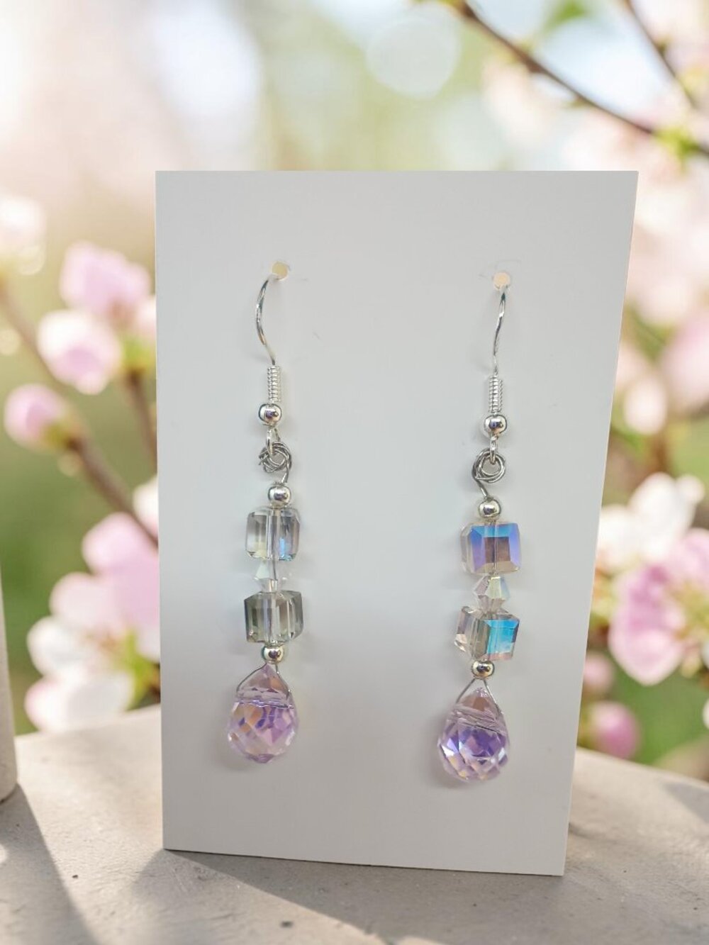 Iridescent Pink Crystal Teardrop Drop Earrings
